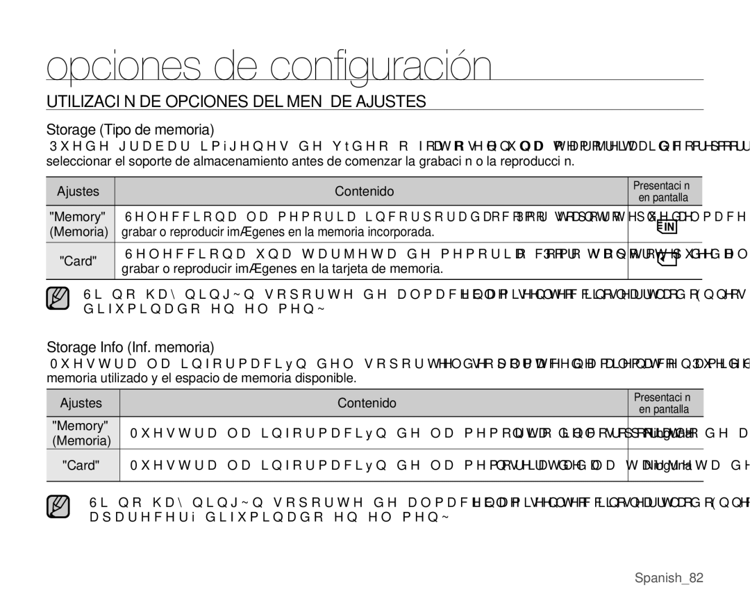 Samsung VP-MX25E/EDC manual Utilización DE Opciones DEL Menú DE Ajustes, Storage Tipo de memoria, Storage Info Inf. memoria 