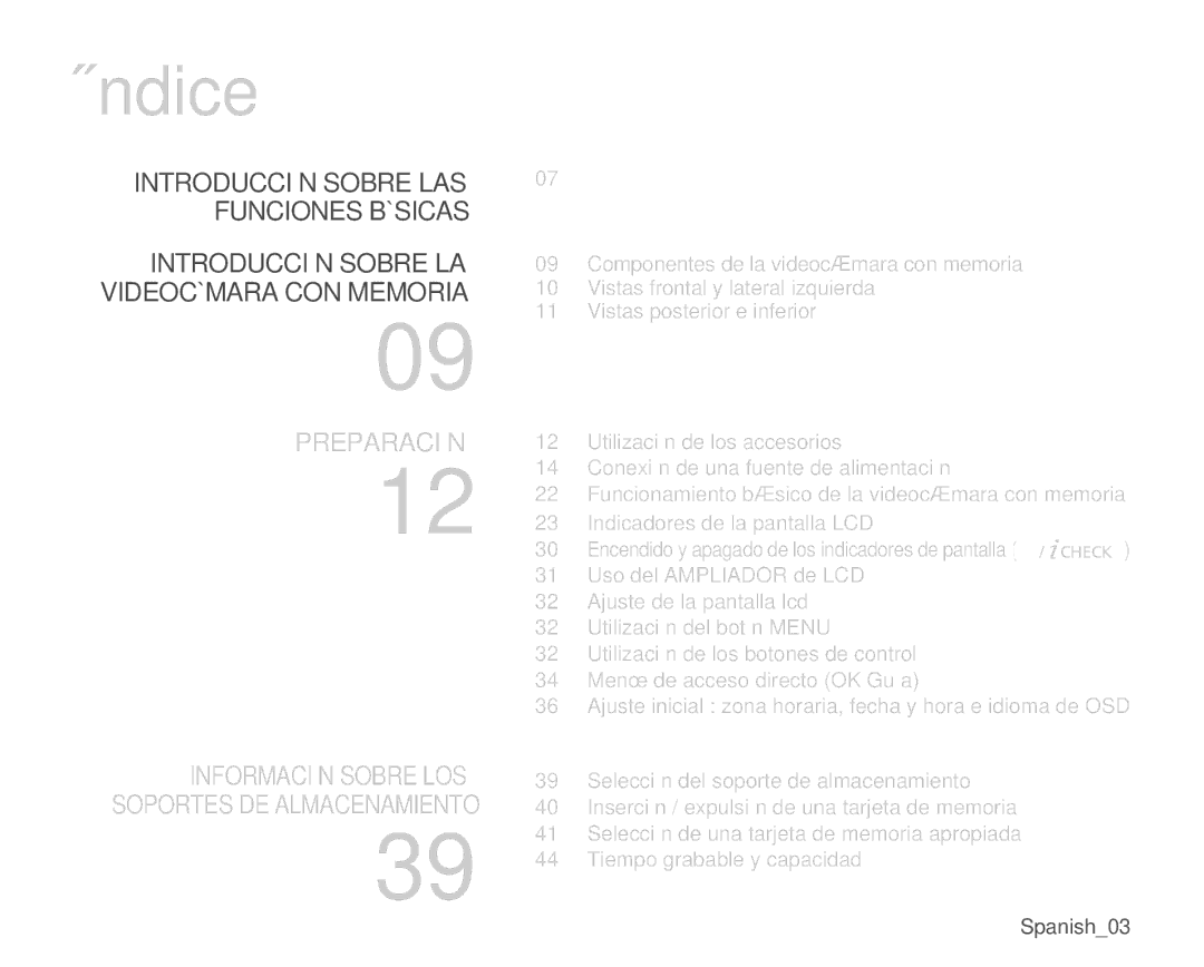 Samsung VP-MX25E/EDC manual Índice, Información Sobre LOS Soportes DE Almacenamiento 