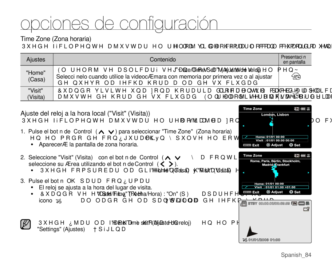 Samsung VP-MX25E/EDC Time Zone Zona horaria, Ajuste del reloj a la hora local Visit Visita, Settings Ajustes ²SiJLQD 