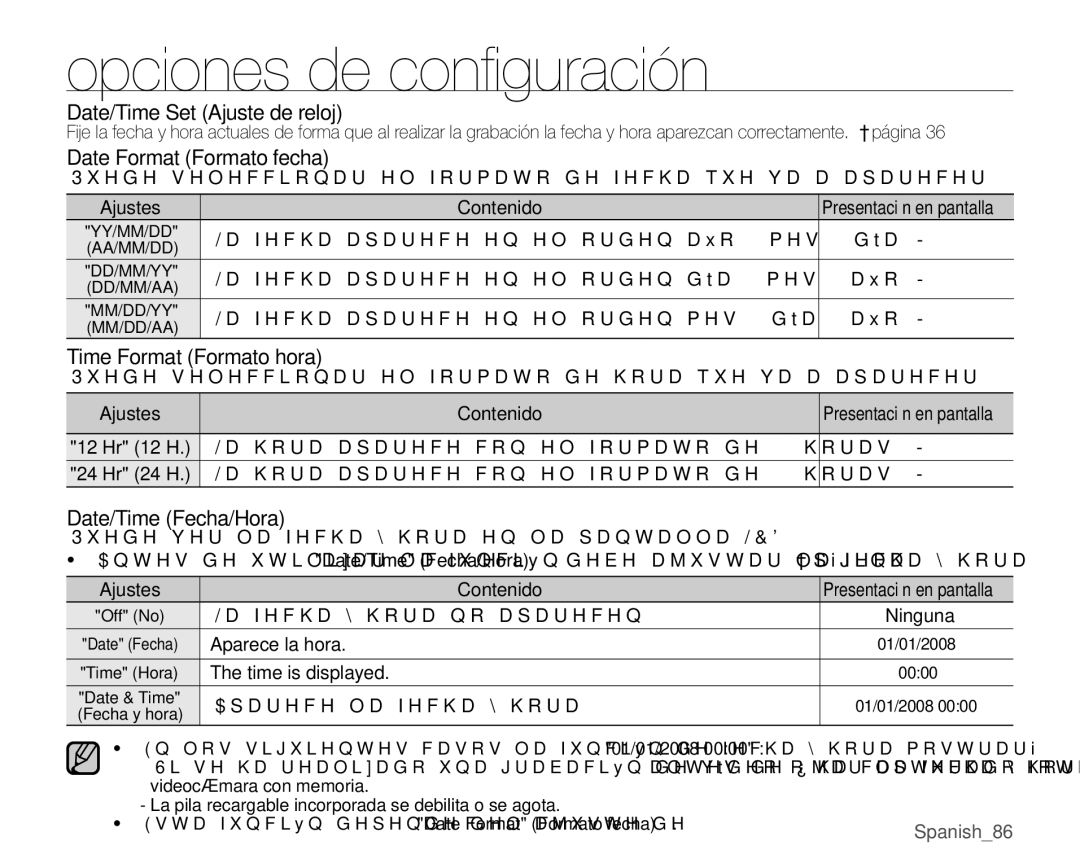 Samsung VP-MX25E/EDC manual Date/Time Set Ajuste de reloj, Date Format Formato fecha, Date/Time Fecha/Hora 