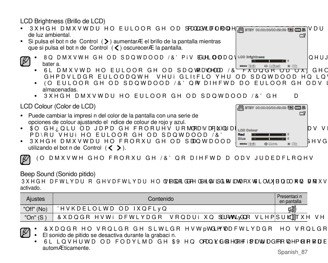 Samsung VP-MX25E/EDC manual LCD Brightness Brillo de LCD, LCD Colour Color de LCD, Beep Sound Sonido pitido 