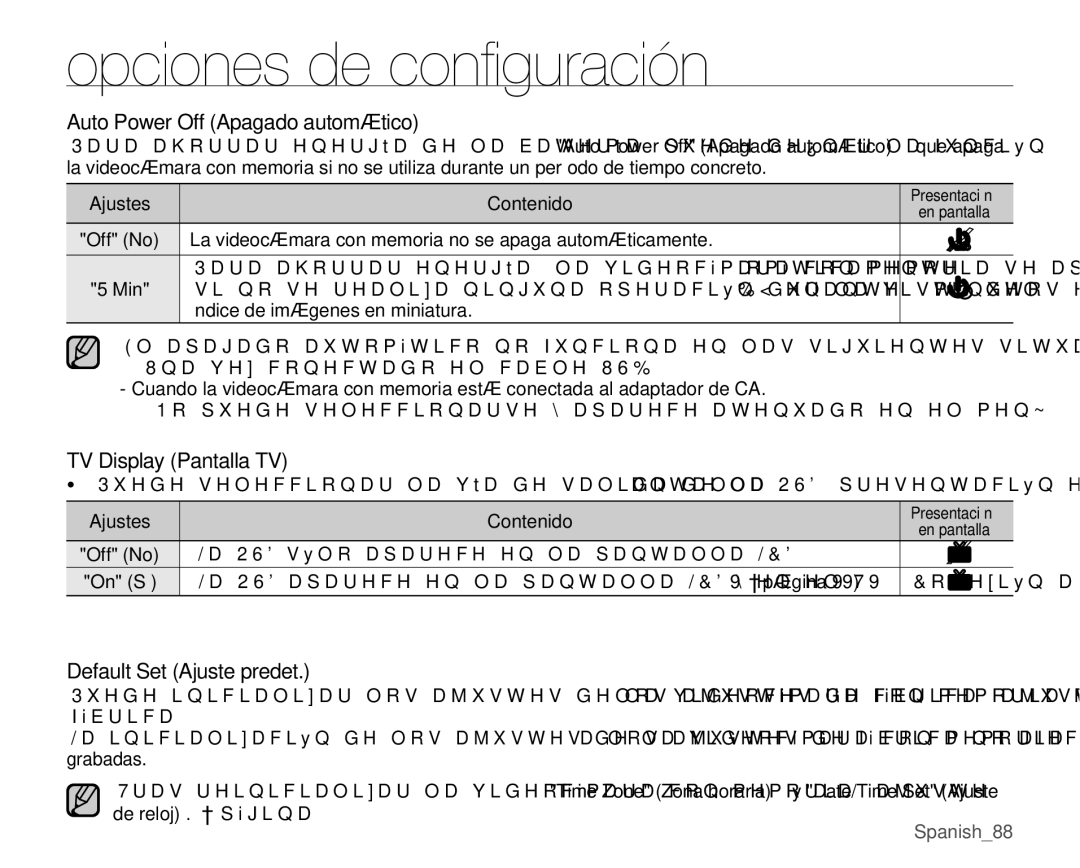 Samsung VP-MX25E/EDC manual Auto Power Off Apagado automático, TV Display Pantalla TV, Default Set Ajuste predet 