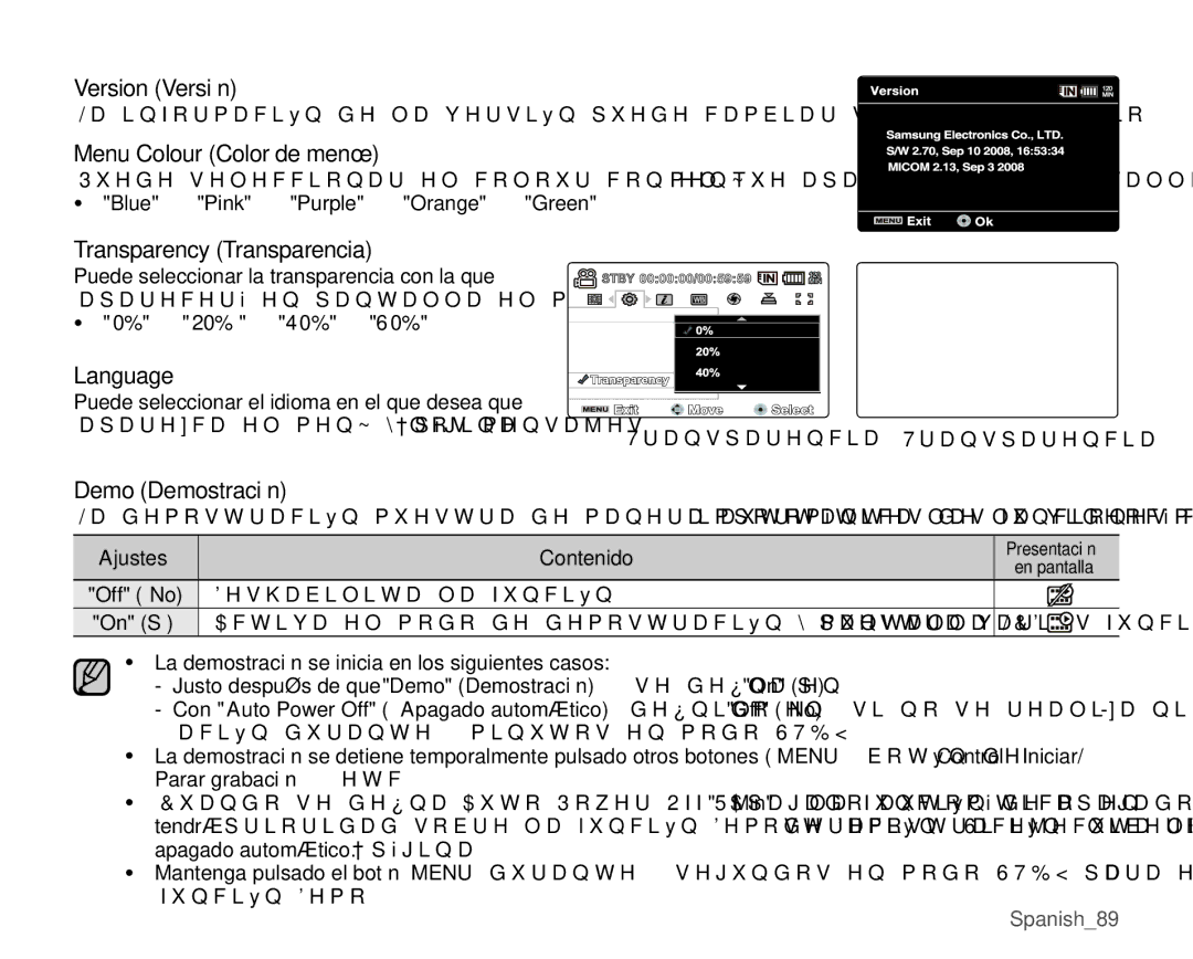 Samsung VP-MX25E/EDC Version Versión Menu Colour Color de menú, Transparency Transparencia, Language, Demo Demostración 