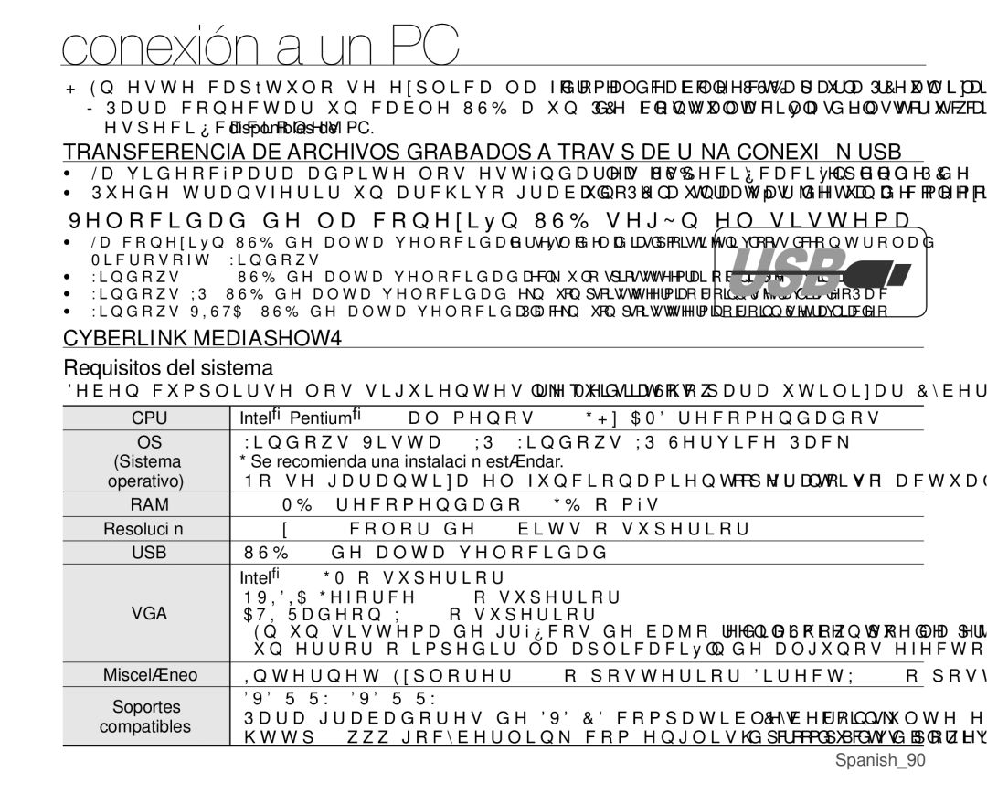 Samsung VP-MX25E/EDC manual Conexión a un PC, 9HORFLGDGGHODFRQHLyQ86%VHJ~QHOVLVWHPD, Cyberlink MEDIASHOW4 