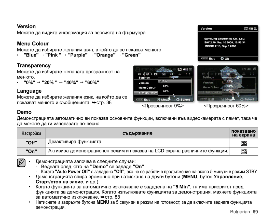 Samsung VP-MX25E/EDC manual 9HUVLRQ, 0HQX&RORXU, 7UDQVSDUHQF, Dqjxdjh, Hpr 