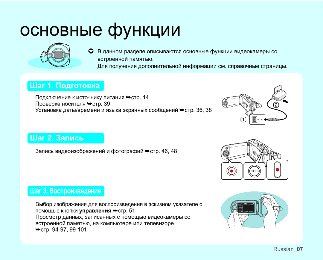 Samsung VP-MX25E/XER manual Ɨɫɧɨɜɧɵɟɮɭɧɤɰɢɢ, Ɒɚɝɉɨɞɝɨɬɨɜɤɚ 