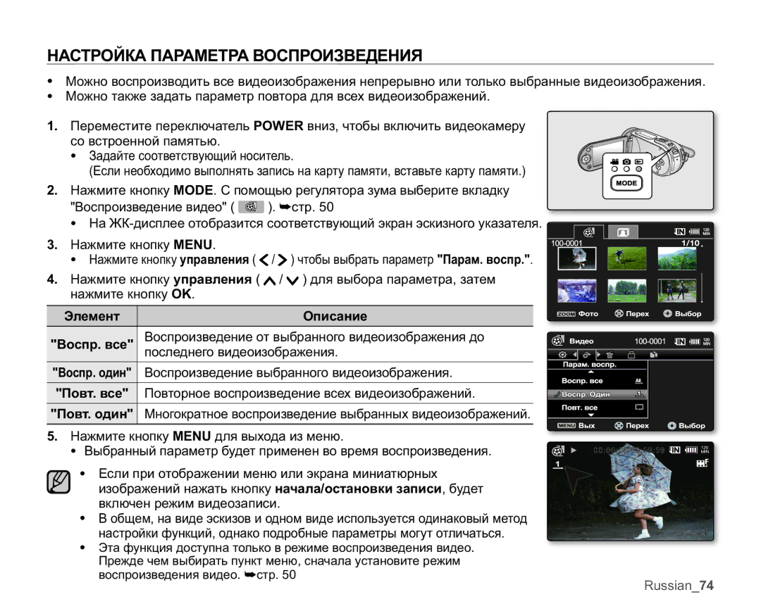 Samsung VP-MX25E/XER manual ɆȺɋɌɊɈɃɄȺɉȺɊȺɆȿɌɊȺȼɈɋɉɊɈɂɁȼȿȾȿɇɂə 