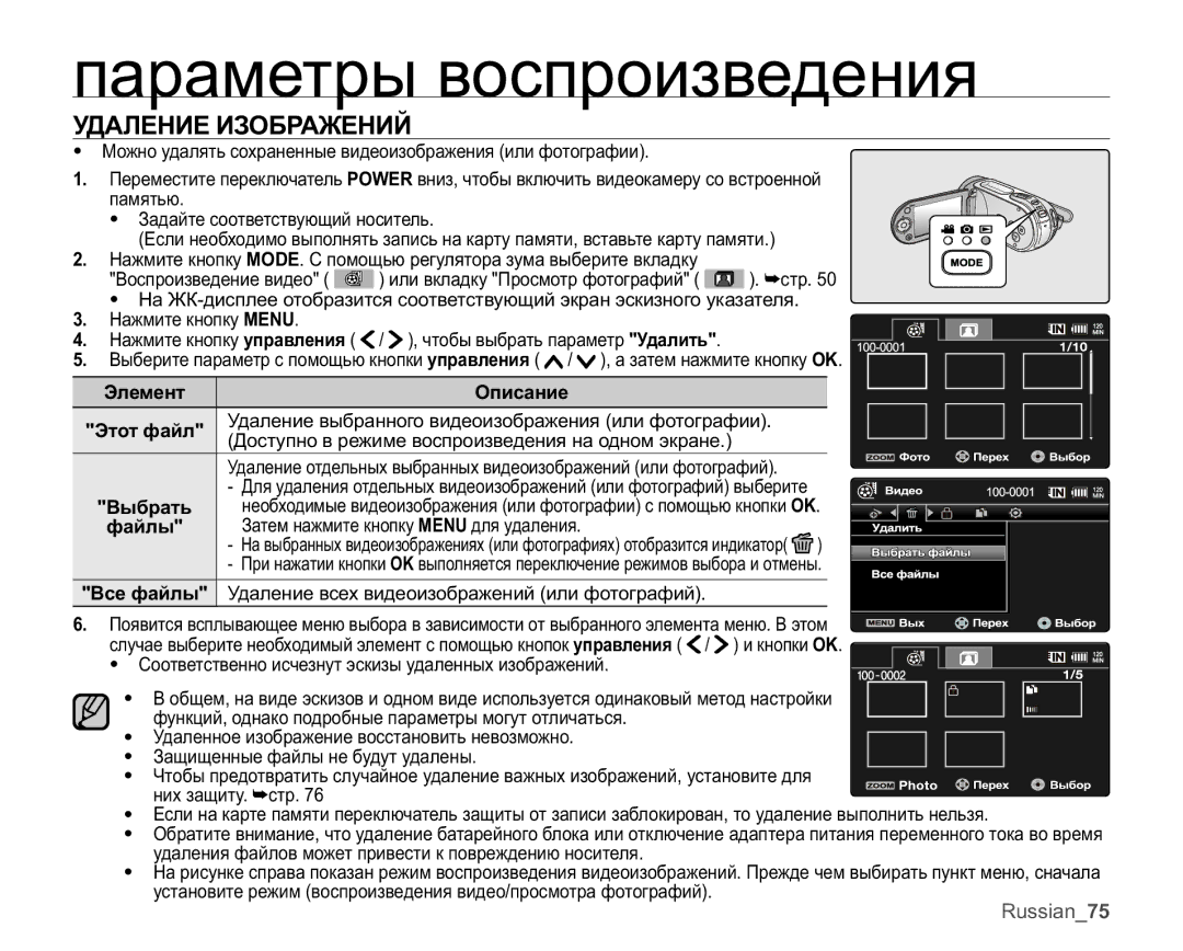 Samsung VP-MX25E/XER manual ɌȾȺɅȿɇɂȿɂɁɈȻɊȺɀȿɇɂɃ, Ɗɥɟɦɟɧɬ Ɉɩɢɫɚɧɢɟ ɗɬɨɬɮɚɣɥ, ȼɵɛɪɚɬɶ, ȼɫɟɮɚɣɥɵ 