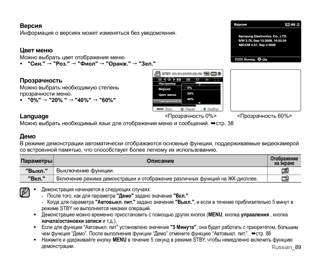 Samsung VP-MX25E/XER manual Ȼɟɪɫɢɹ, Ɐɜɟɬɦɟɧɸ, Ɉɪɨɡɪɚɱɧɨɫɬɶ, Language, Ⱦɟɦɨ 