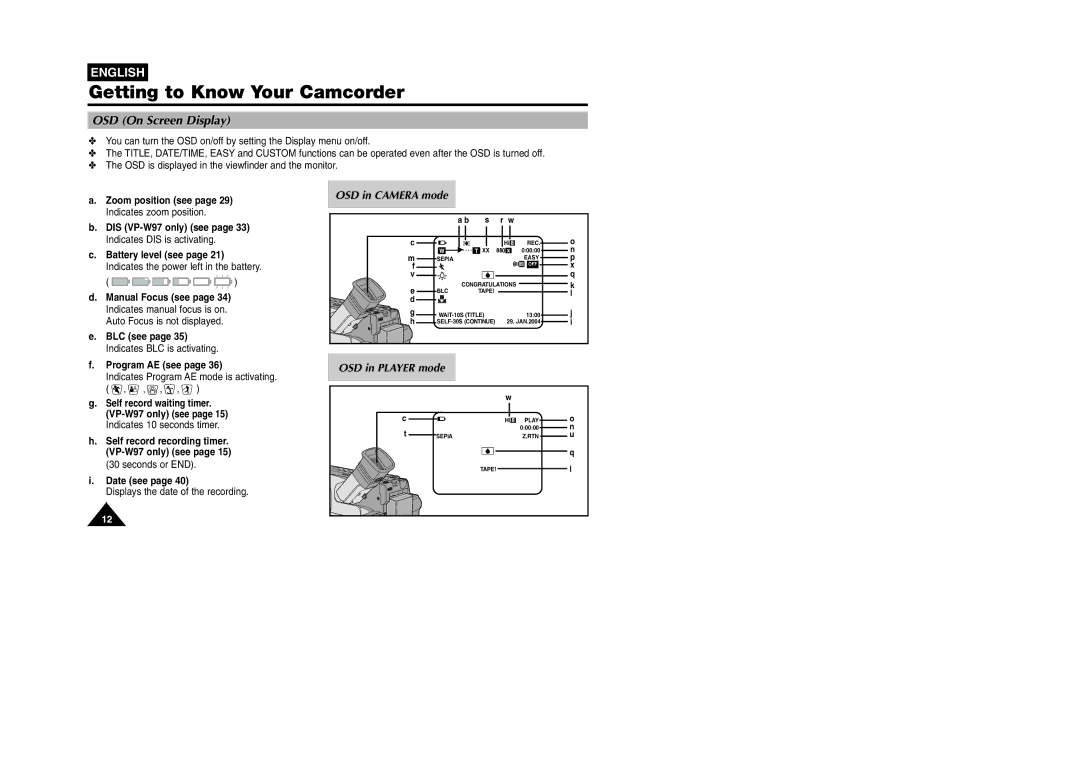 Samsung VP W 97 manual OSD On Screen Display 