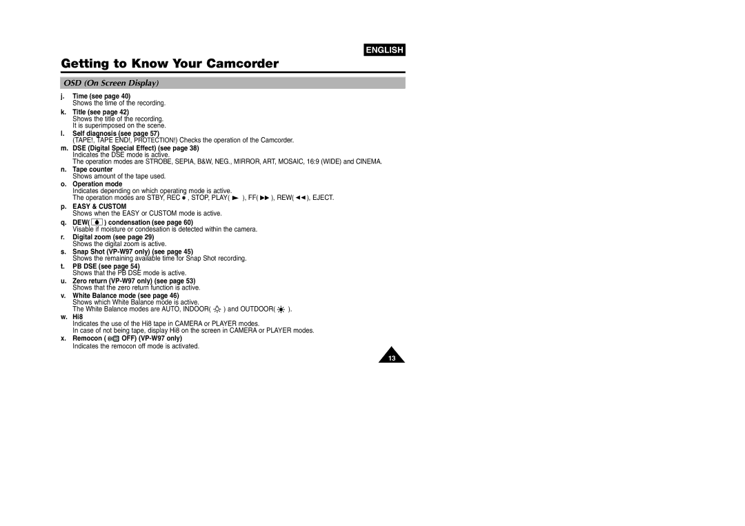 Samsung VP W 97 Time see, Title see, Self diagnosis see, Tape counter, Operation mode, Easy & Custom, DEW condensation see 