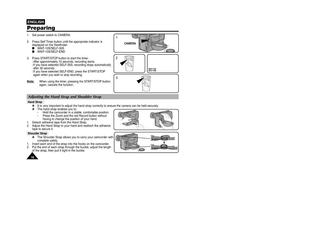 Samsung VP W 97 manual Preparing, Adjusting the Hand Strap and Shoulder Strap, Displayed on the Viewfinder 