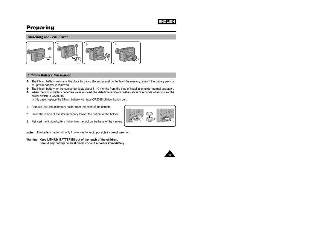 Samsung VP W 97 manual Attaching the Lens Cover Lithium Battery Installation 