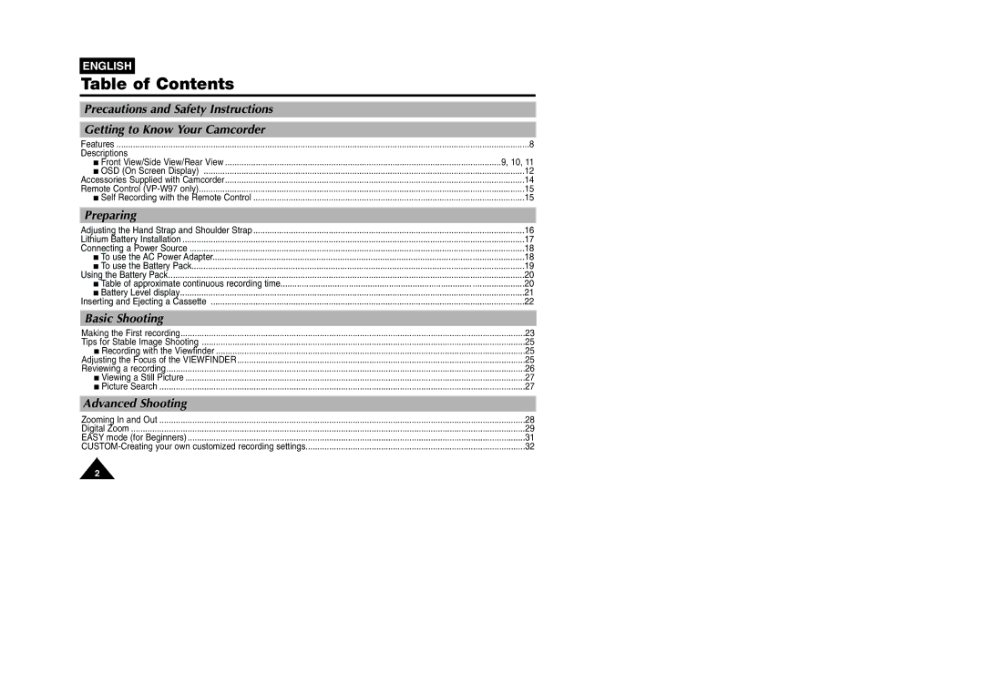 Samsung VP W 97 manual Table of Contents 