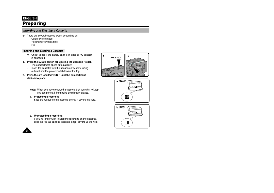 Samsung VP W 97 manual Inserting and Ejecting a Cassette, Press the Eject button for Ejecting the Cassette Holder 