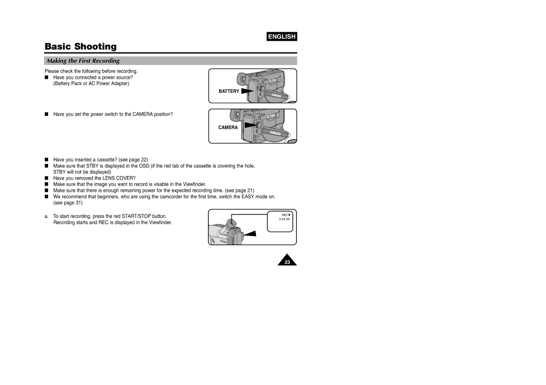 Samsung VP W 97 manual Basic Shooting, Making the First Recording, Battery Pack or AC Power Adapter 