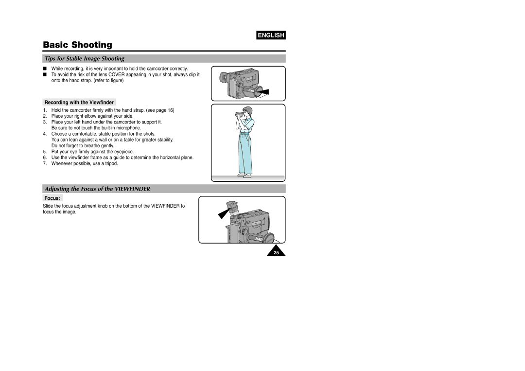 Samsung VP W 97 manual Tips for Stable Image Shooting, Adjusting the Focus of the Viewfinder, Recording with the Viewfinder 