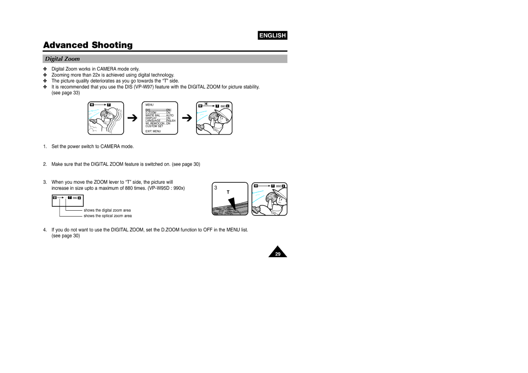 Samsung VP W 97 manual Digital Zoom 