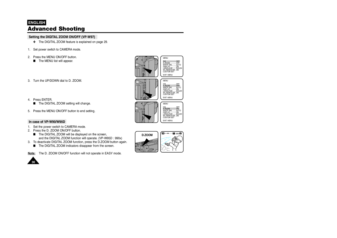 Samsung VP W 97 manual Setting the Digital Zoom ON/OFF VP-W97, Case of VP-W90/W95D 