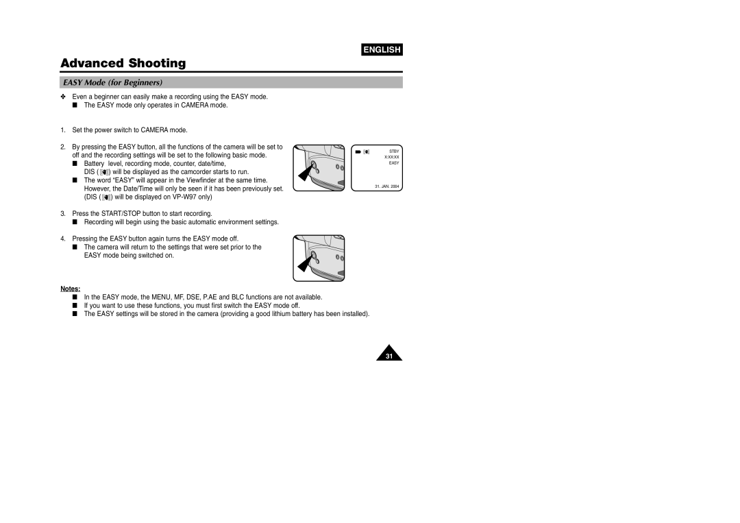 Samsung VP W 97 manual Easy Mode for Beginners 