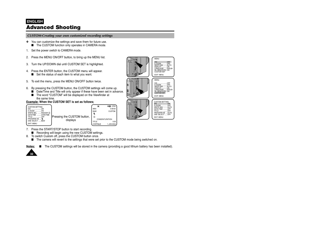 Samsung VP W 97 manual Example When the Custom SET is set as follows, Pressing the Custom button Displays 