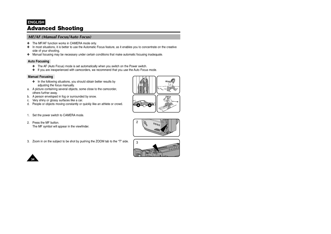 Samsung VP W 97 manual Auto Focusing, Manual Focusing 