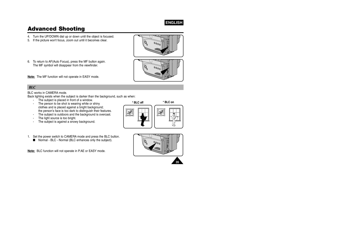 Samsung VP W 97 manual Blc, Person to be shot is wearing white or shiny 