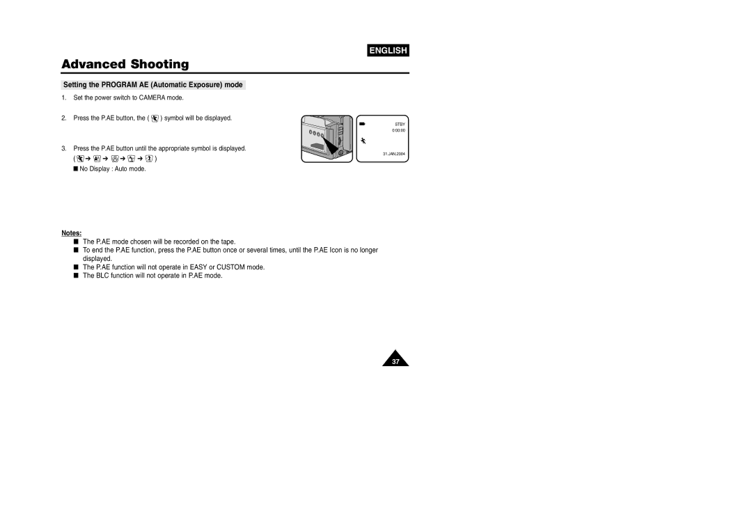 Samsung VP W 97 manual Setting the Program AE Automatic Exposure mode 