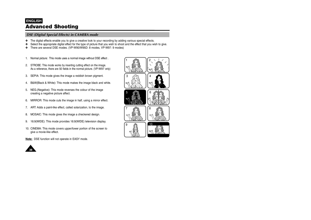 Samsung VP W 97 manual DSE Digital Special Effects in Camera mode 