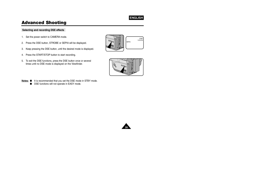 Samsung VP W 97 manual Selecting and recording DSE effects, DSE functions will not operate in Easy mode 