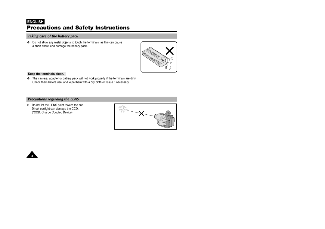 Samsung VP W 97 manual Precautions and Safety Instructions, Taking care of the battery pack, Precautions regarding the Lens 