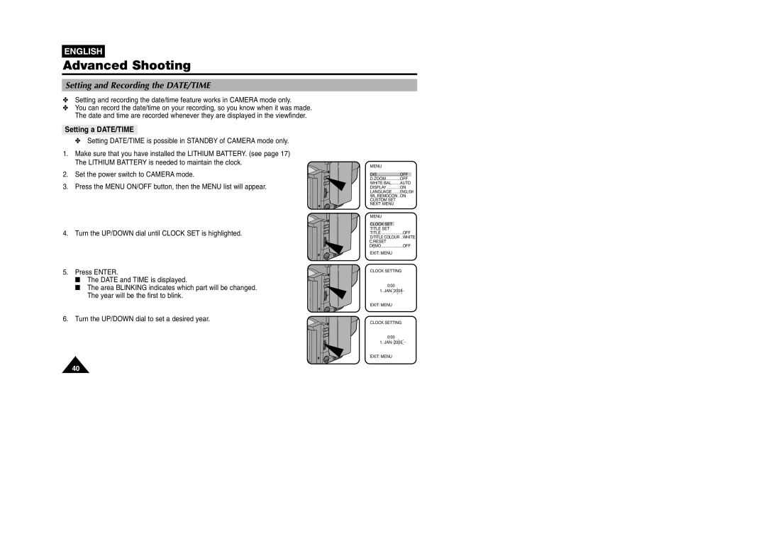 Samsung VP W 97 manual Setting and Recording the DATE/TIME, Setting a DATE/TIME 