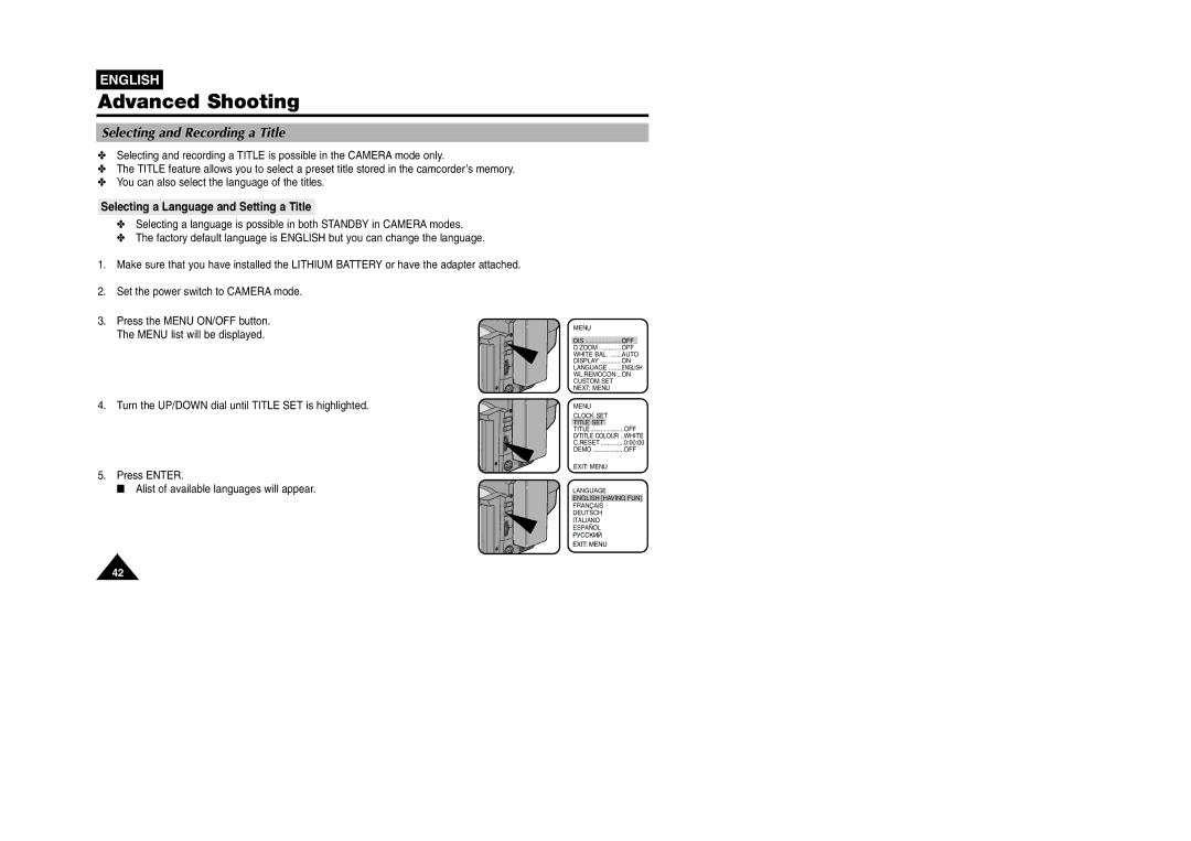 Samsung VP W 97 manual Selecting and Recording a Title, Selecting a Language and Setting a Title 