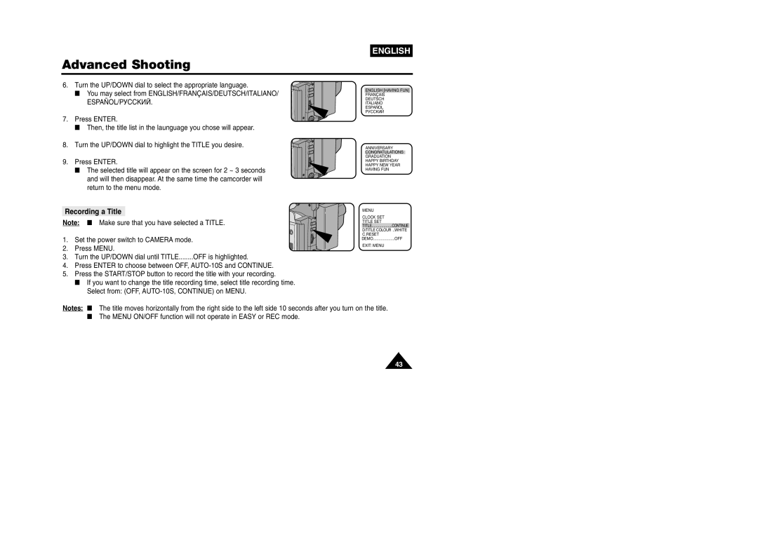 Samsung VP W 97 manual Turn the UP/DOWN dial to select the appropriate language, Recording a Title 