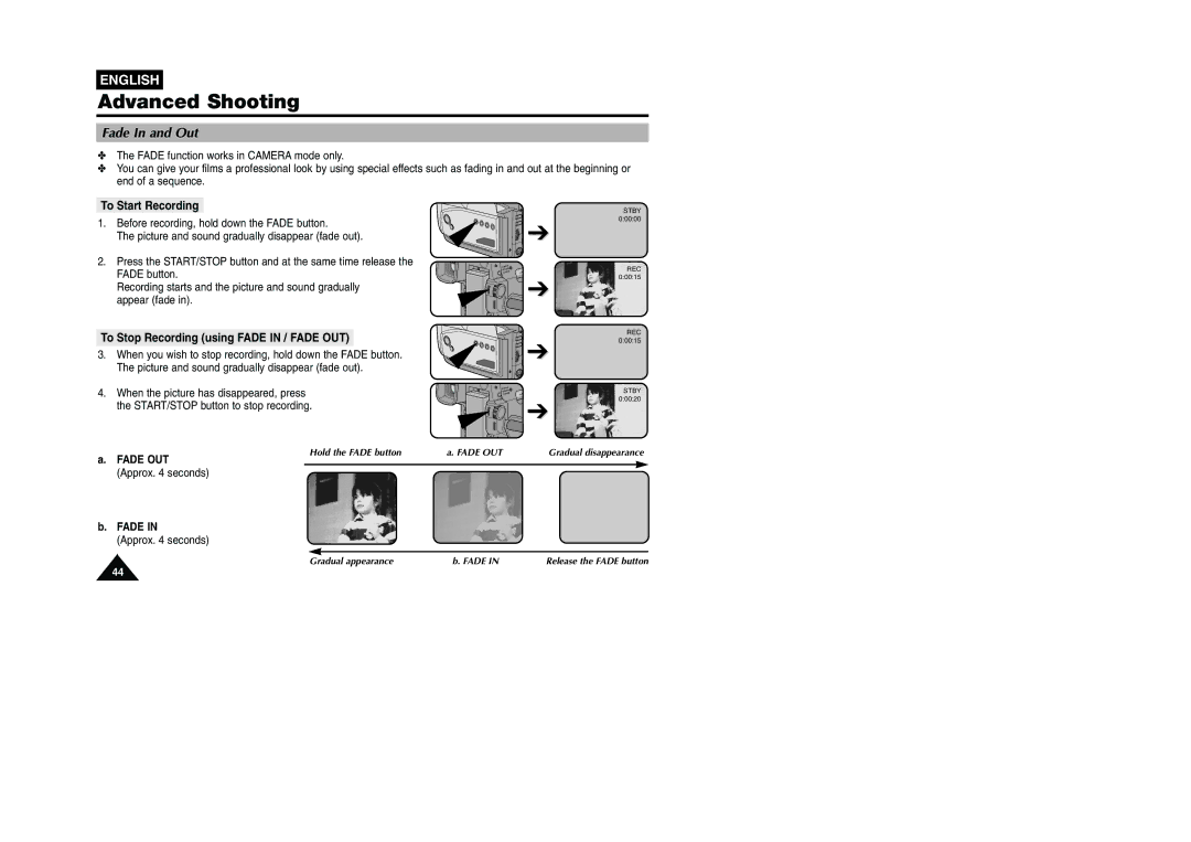 Samsung VP W 97 manual Fade In and Out, To Start Recording, To Stop Recording using Fade in / Fade OUT 