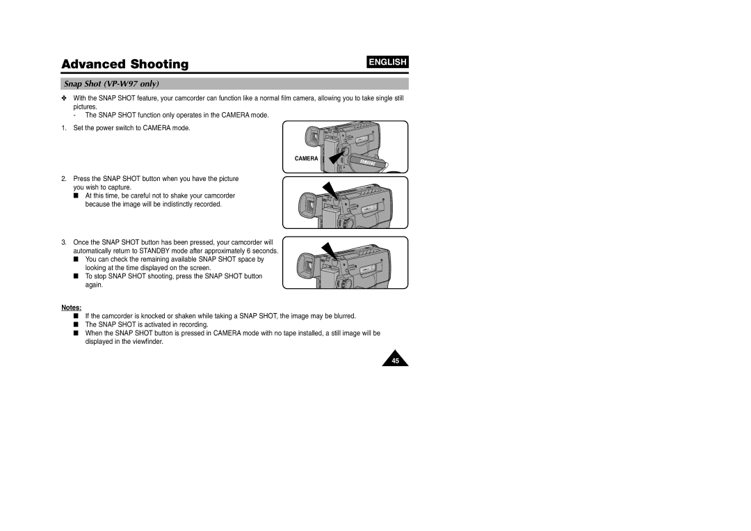 Samsung VP W 97 manual Advanced Shooting, Snap Shot VP-W97 only 