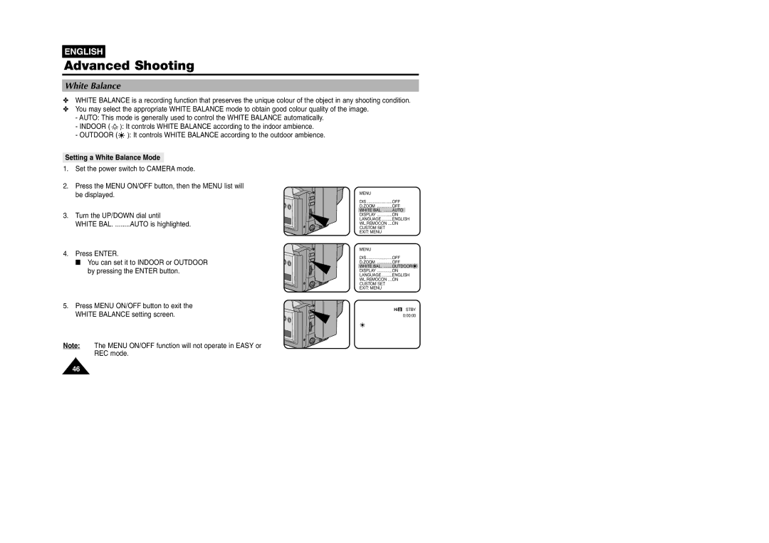 Samsung VP W 97 manual Setting a White Balance Mode 