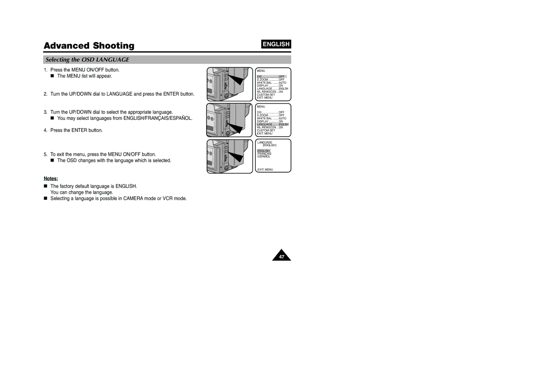 Samsung VP W 97 manual Selecting the OSD Language, Selecting a language is possible in Camera mode or VCR mode 