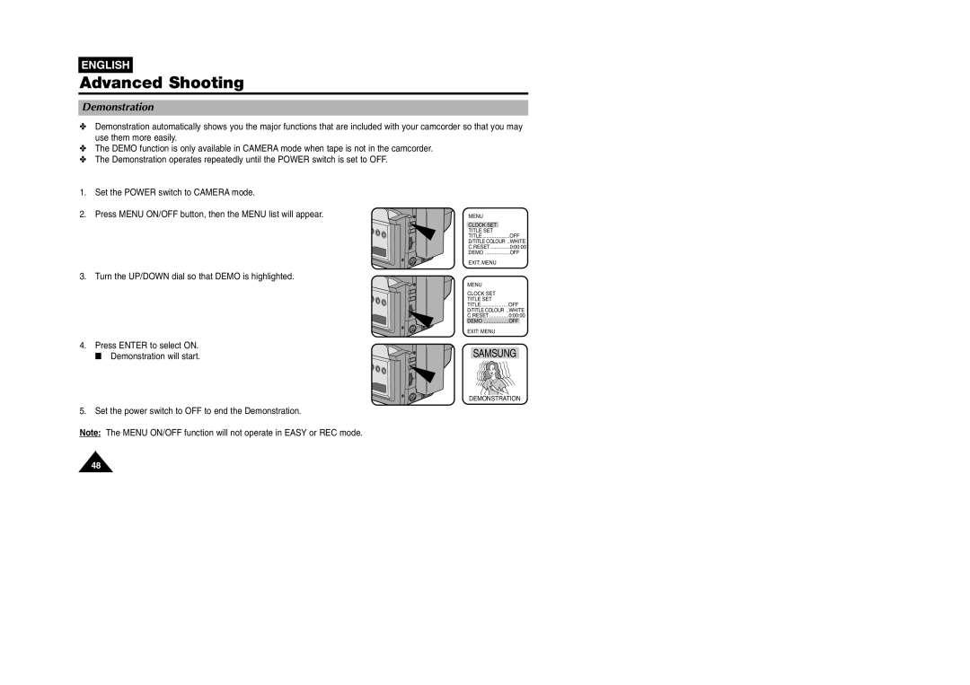 Samsung VP W 97 manual Set the power switch to OFF to end the Demonstration 