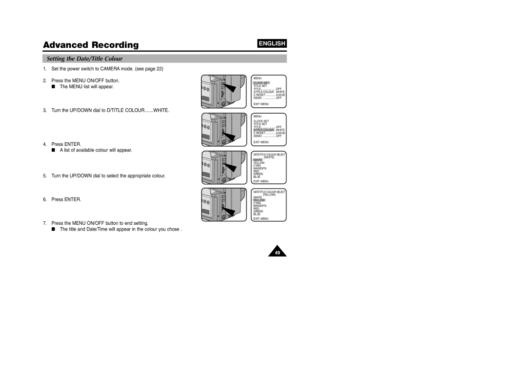 Samsung VP W 97 manual Advanced Recording, Setting the Date/Title Colour 