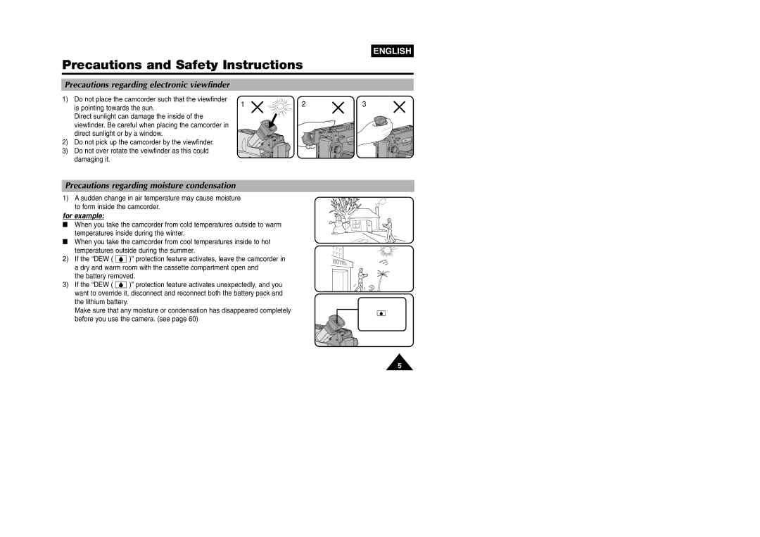 Samsung VP W 97 manual Precautions regarding electronic viewfinder, Precautions regarding moisture condensation 