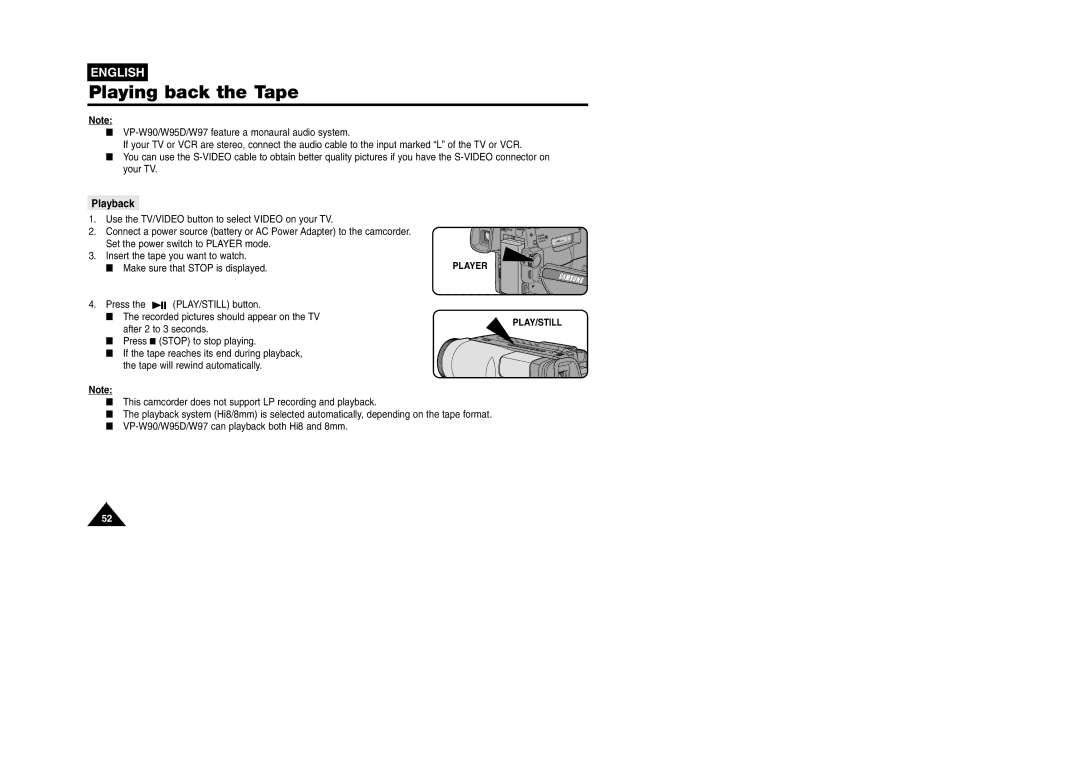 Samsung VP W 97 manual Playing back the Tape, Playback, Make sure that Stop is displayed, Press Stop to stop playing 