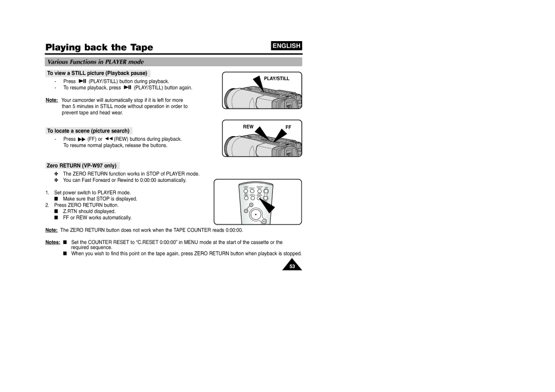 Samsung VP W 97 Various Functions in Player mode, To view a Still picture Playback pause, To locate a scene picture search 