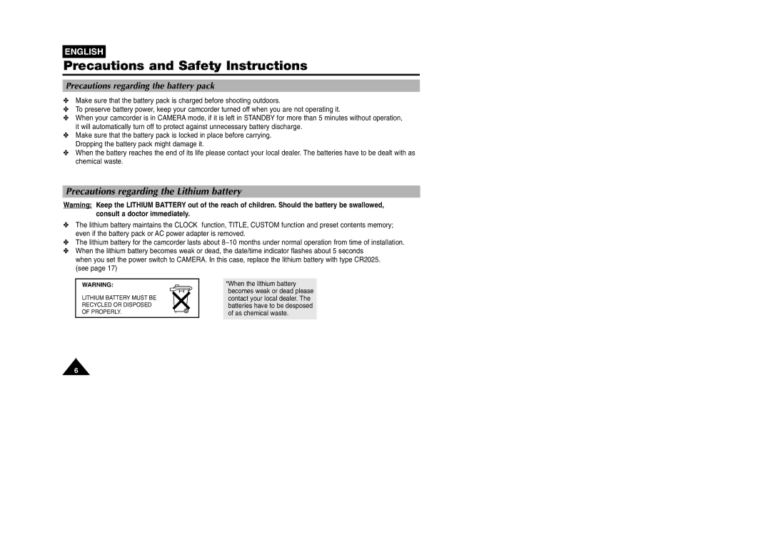 Samsung VP W 97 manual Precautions regarding the Lithium battery, Precautions regarding the battery pack 