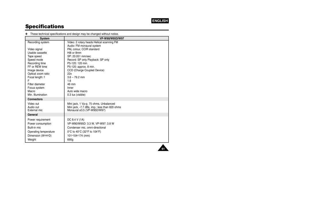 Samsung VP W 97 manual Specifications, System VP-W90/W95D/W97, Connectors, General 