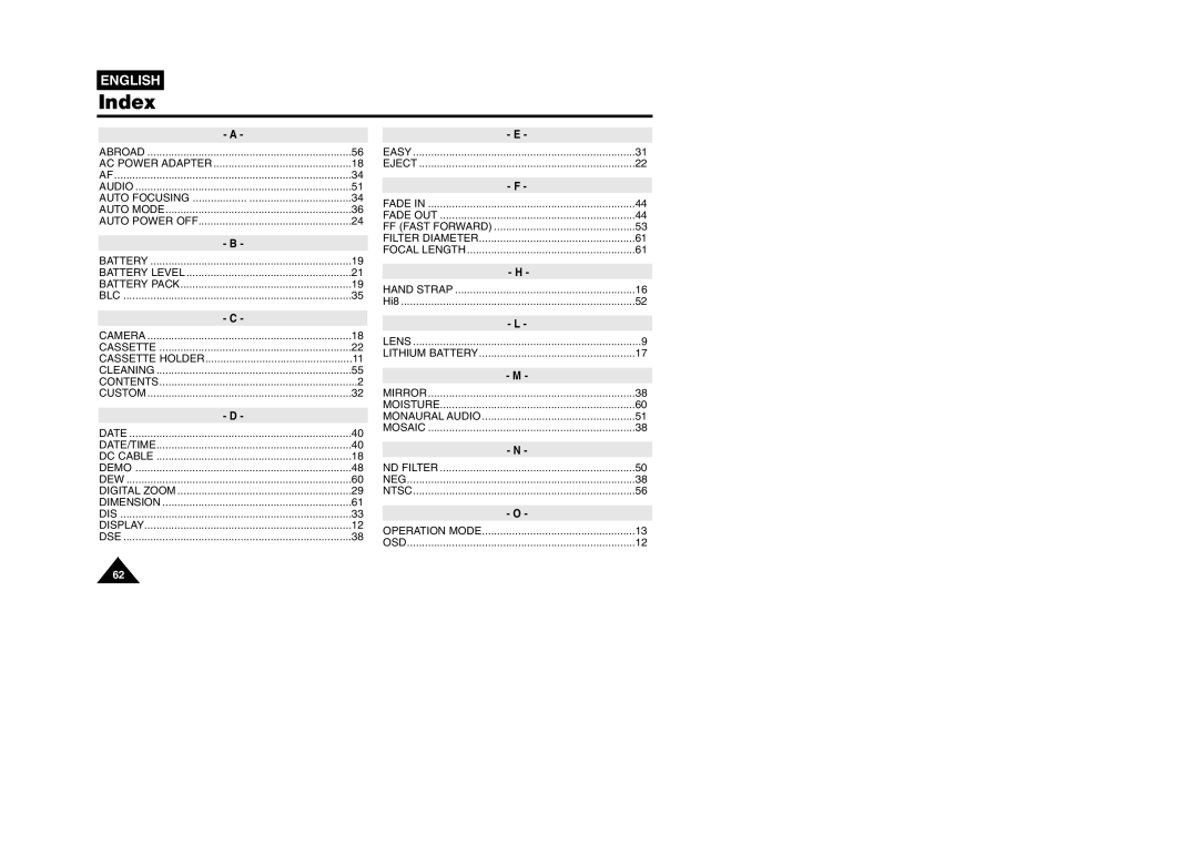 Samsung VP W 97 manual Index, Auto Focusing 