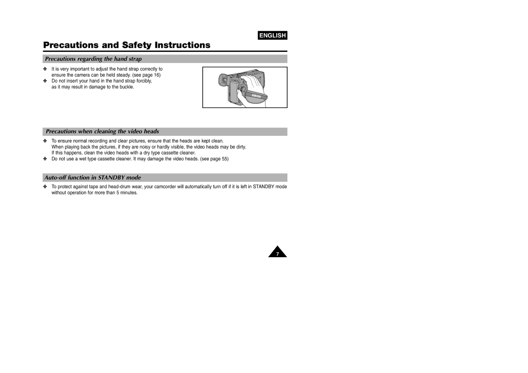 Samsung VP W 97 manual Precautions regarding the hand strap, Precautions when cleaning the video heads 