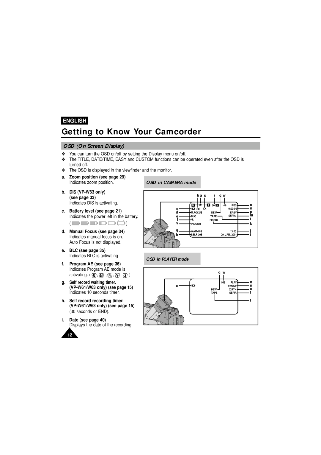 Samsung VP-W63Hi manual OSD On Screen Display 