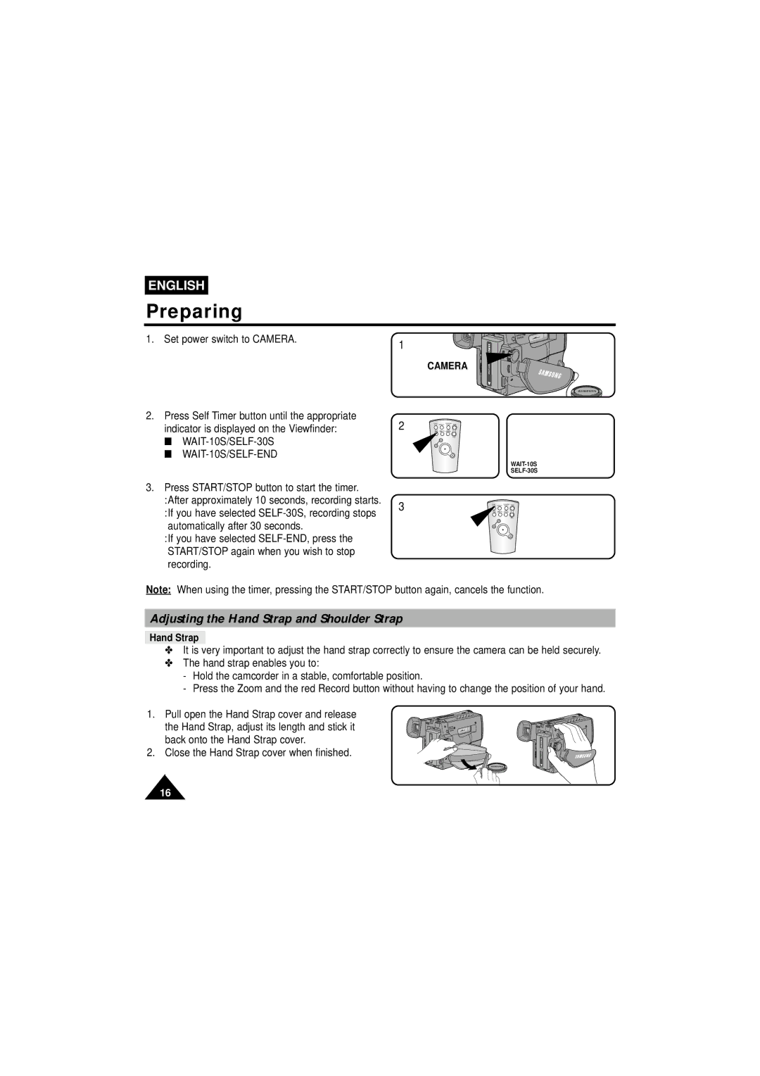 Samsung VP-W63Hi manual Preparing, Adjusting the Hand Strap and Shoulder Strap 