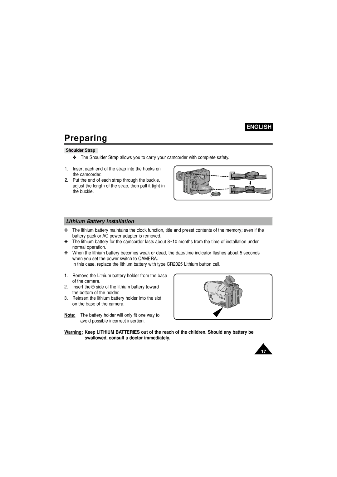 Samsung VP-W63Hi manual Lithium Battery Installation, Shoulder Strap 